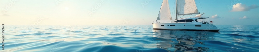 Fototapeta premium Sailboat anchored in calm sea with waves gently lapping at its hull, boats, anchor, sea