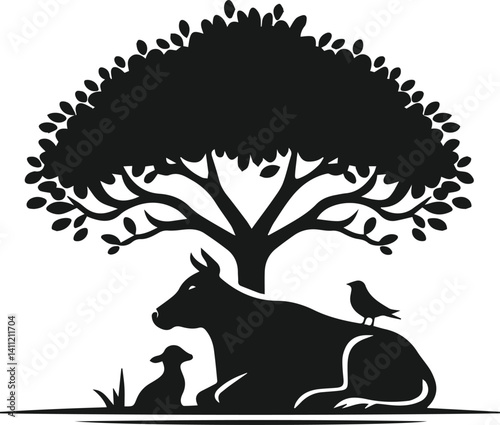 Vector silhouette of a cow with forest tree