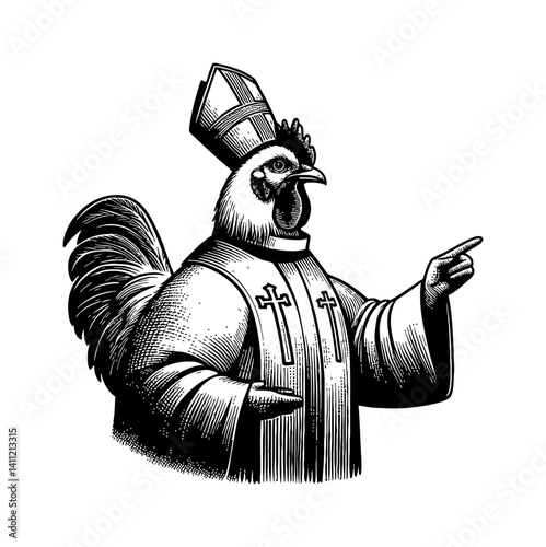 Chicken as a cleric praying with holy symbol, wearing a robe with solemn expression