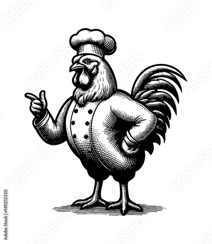 Funny chicken chef cooking with kitchen utensils and wearing a chef's hat illustration