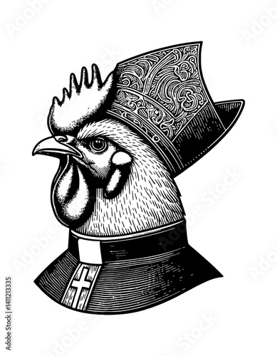 A chicken dressed as a cleric, looking holy with religion concept illustration