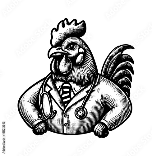 Chicken doctor giving medical care, holding stethoscope with serious face in cartoon illustration style