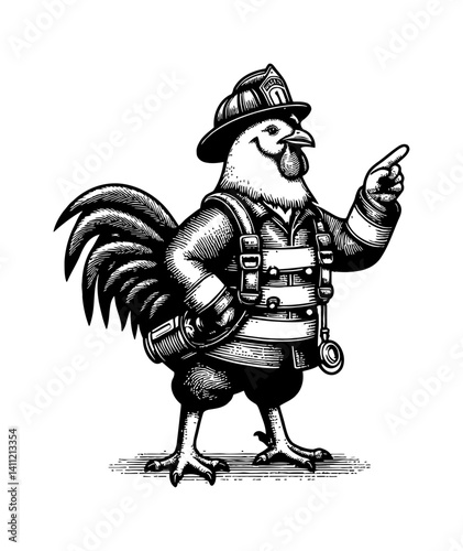 Chicken wearing firefighter uniform, confidently holds a hose with determined expression