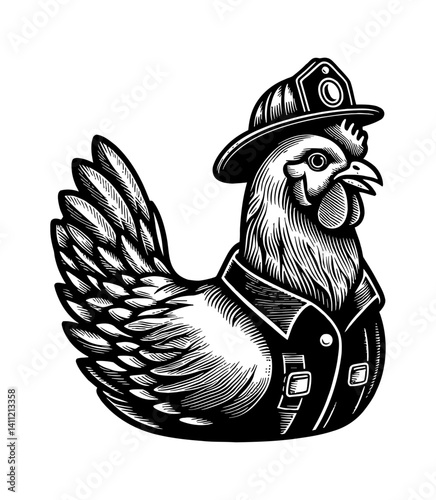 A chicken in firefighter uniform, holding hose and helmet, looking determined in illustration