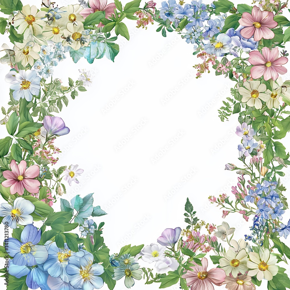 Fototapeta premium Delicate floral arrangement presenting a naturalistic frame on a white backdrop