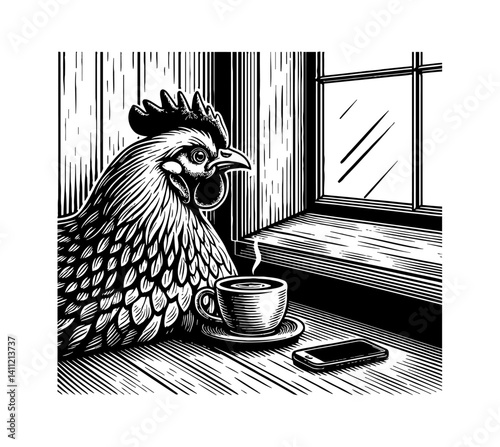 Chicken drinking coffee in cafe corner staring at window with sad expression on April 15 2025