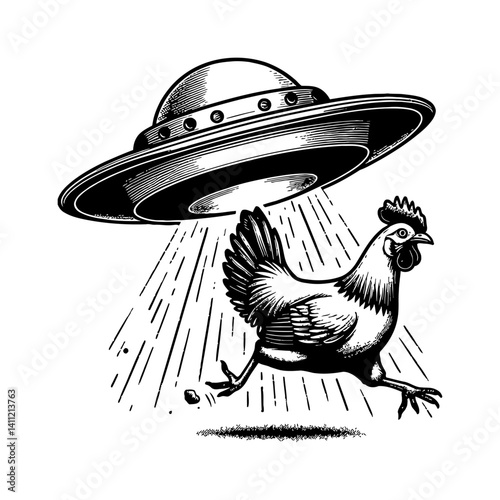 Chicken escaping from UFO aliens in cartoon, funny chicken expression, farm animal.