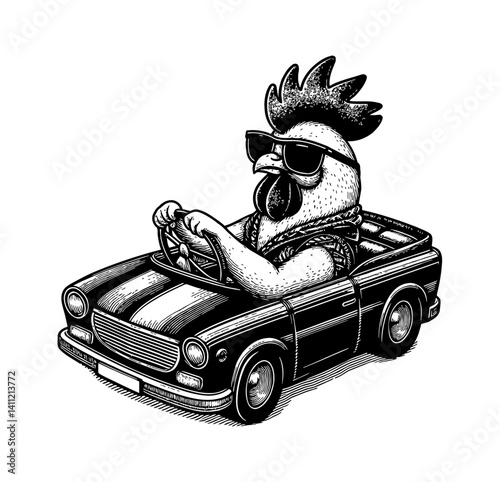 Funny Chicken Driving a Car with Trendy Outfit and Sunglasses Illustration