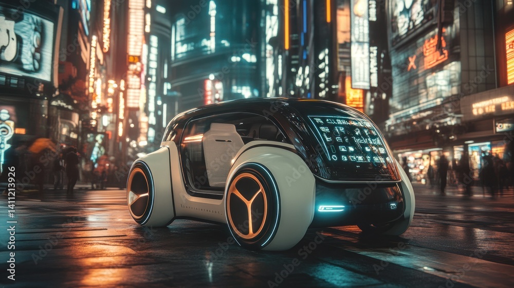 Fototapeta premium A futuristic self driving electric vehicle in a city at night