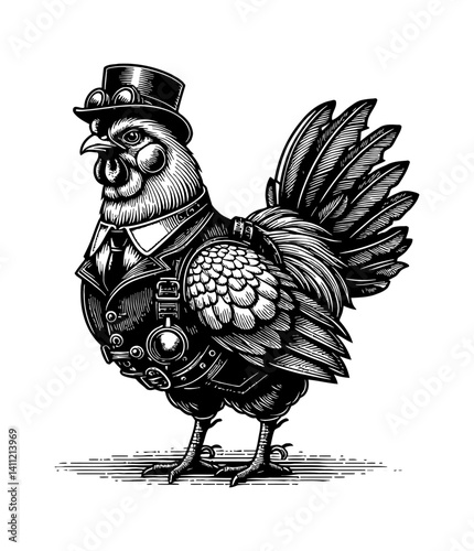 Chicken wearing steampunk outfit with gears and goggles in detailed illustration