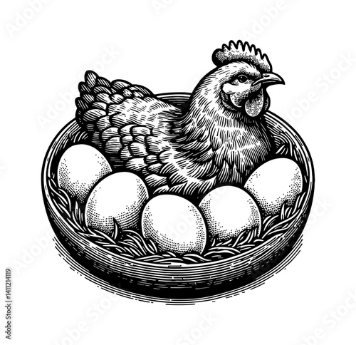 Hen Sitting on Eggs Incubating Them to Hatch in a Farm, Selective Focus Photography