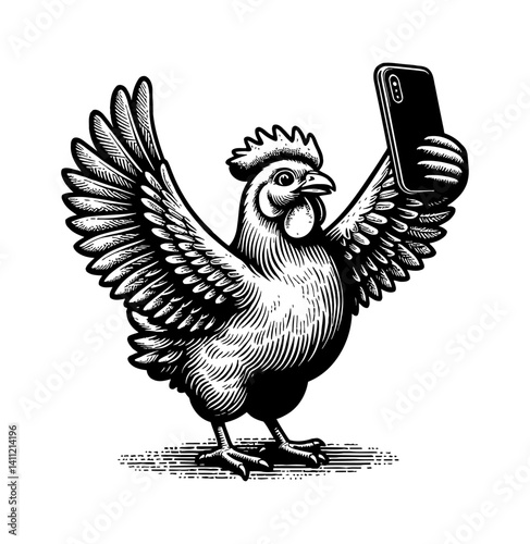 Funny chicken taking a selfie with smartphone with happy expression in bright daylight