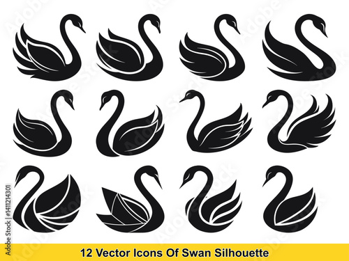 Elegant swan silhouettes 12 vector icons perfect for design projects featuring graceful black swan