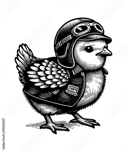 Cute Tiny Chicken Wearing a Pilot Outfit and Hat Ready to Fly an Airplane