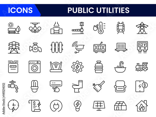 Public utilities icon collection set. power, gas, and water. Signed thin line icons collection.