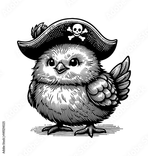 Tiny cute chicken dressed as a pirate with a sword and eye patch, looking happy and adventurous