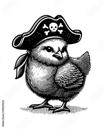 A tiny cute chicken wearing pirate costume, standing confidently and happy with a smile