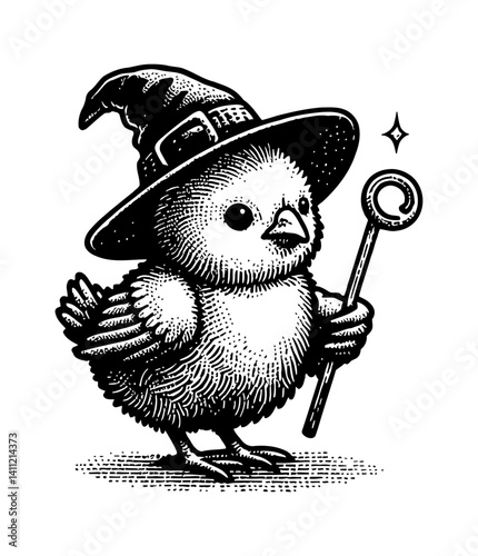 A Tiny Cute Chicken as Wizard Wearing Hat and Glasses Standing Upright Illustration