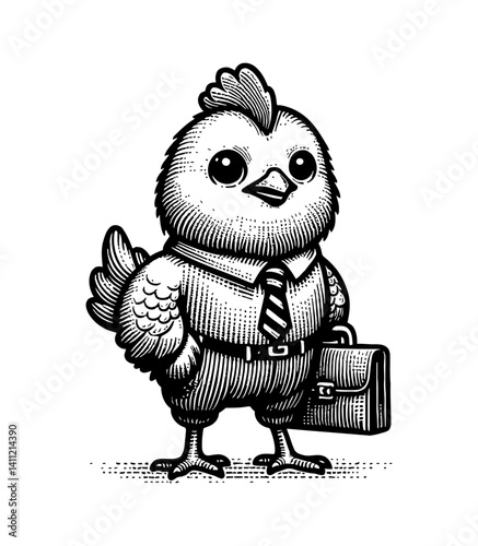 Tiny cute chicken as an office worker typing on computer with serious expression Illustration