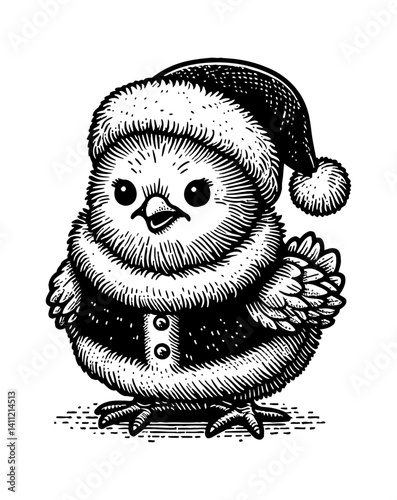 Tiny cute chicken wearing Santa costume celebrating christmas holiday season
