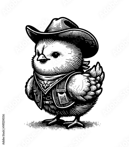 Tiny cute chicken wearing a cowboy outfit standing, adorable happy, 3d render