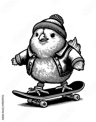 Cute tiny chicken on a skateboard doing freestyle tricks with cool street style clothing