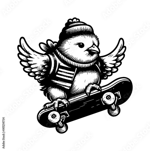 Cute Tiny Chicken Riding Skateboard Freestyle with Cool Clothing and Happy Expression