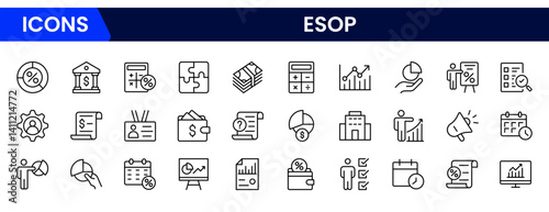 A set of line icons related to ESOP. Employee, plan, ownership, stock, profit, and so on. Outline icon collection