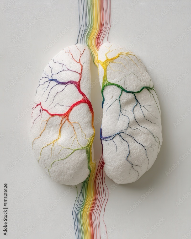 Abstract photo of a human brain made of light and vines, in a white gallery, with emotions as fluid color trails, symbolizing inner perception and memory.