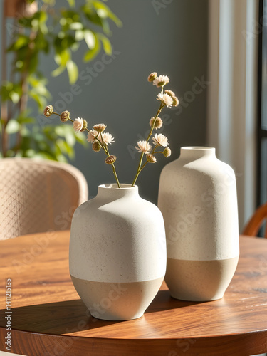 an image of two cement vases sitting on a table, there is a pair of concrete vases sitting on a table
