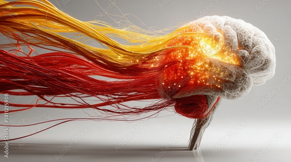Abstract photo of a human brain made of light and vines, in a white gallery, with emotions as fluid color trails, symbolizing inner perception and memory.