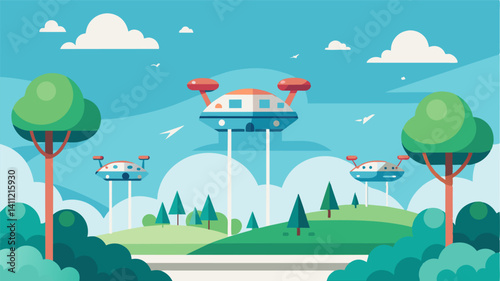 Above a picturesque park eVTOLs fly in formation showcasing their impeccable maneuverability and the potential for a future with cleaner quieter transportation.. Vector illustration
