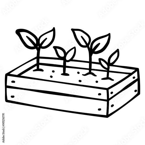 Handdrawn doodle of wooden raised bed with sprouts for planting and garden care
