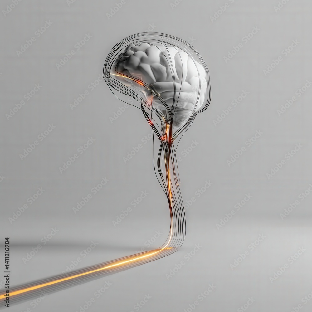 Abstract photo of a human brain made of light and vines, in a white gallery, with emotions as fluid color trails, symbolizing inner perception and memory.