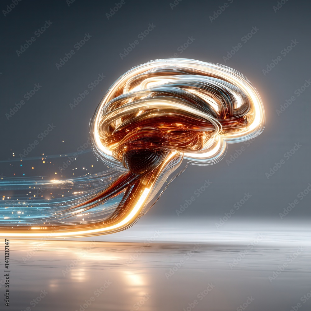 Abstract photo of a human brain made of light and vines, in a white gallery, with emotions as fluid color trails, symbolizing inner perception and memory.