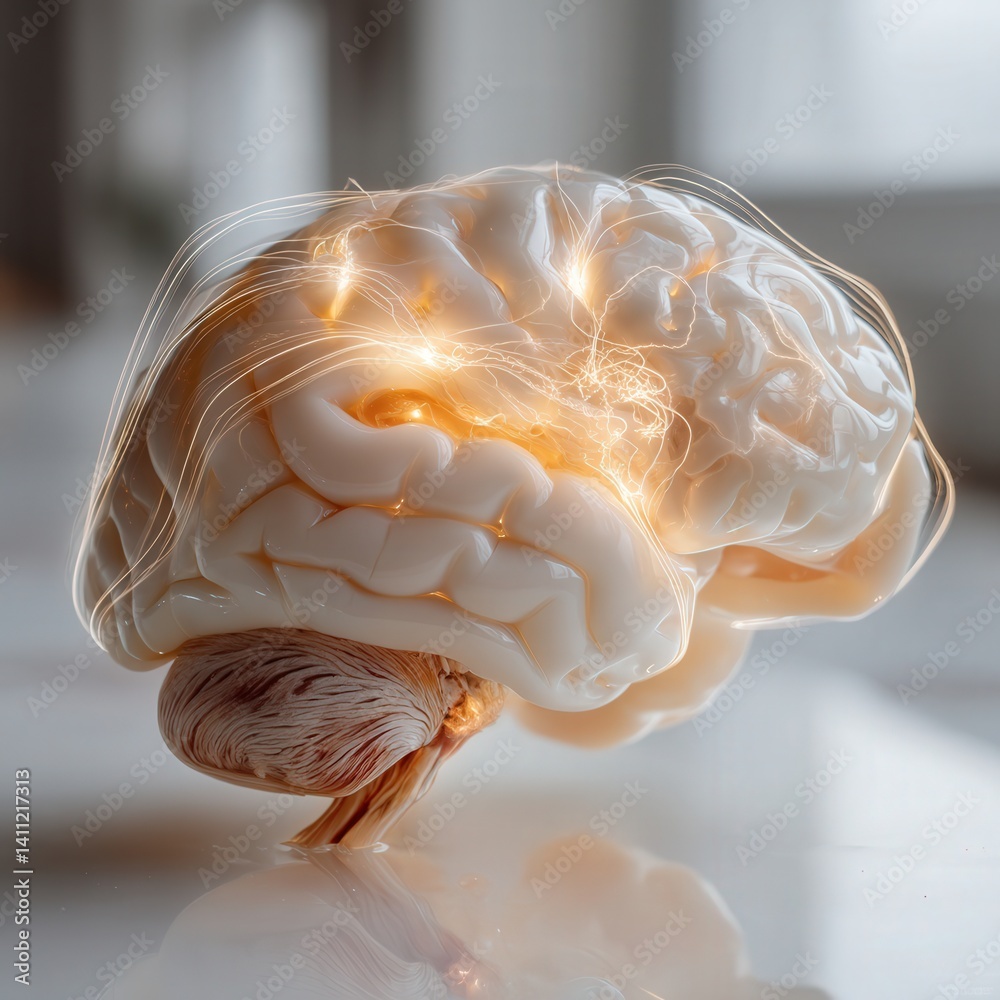 Abstract photo of a human brain made of light and vines, in a white gallery, with emotions as fluid color trails, symbolizing inner perception and memory.