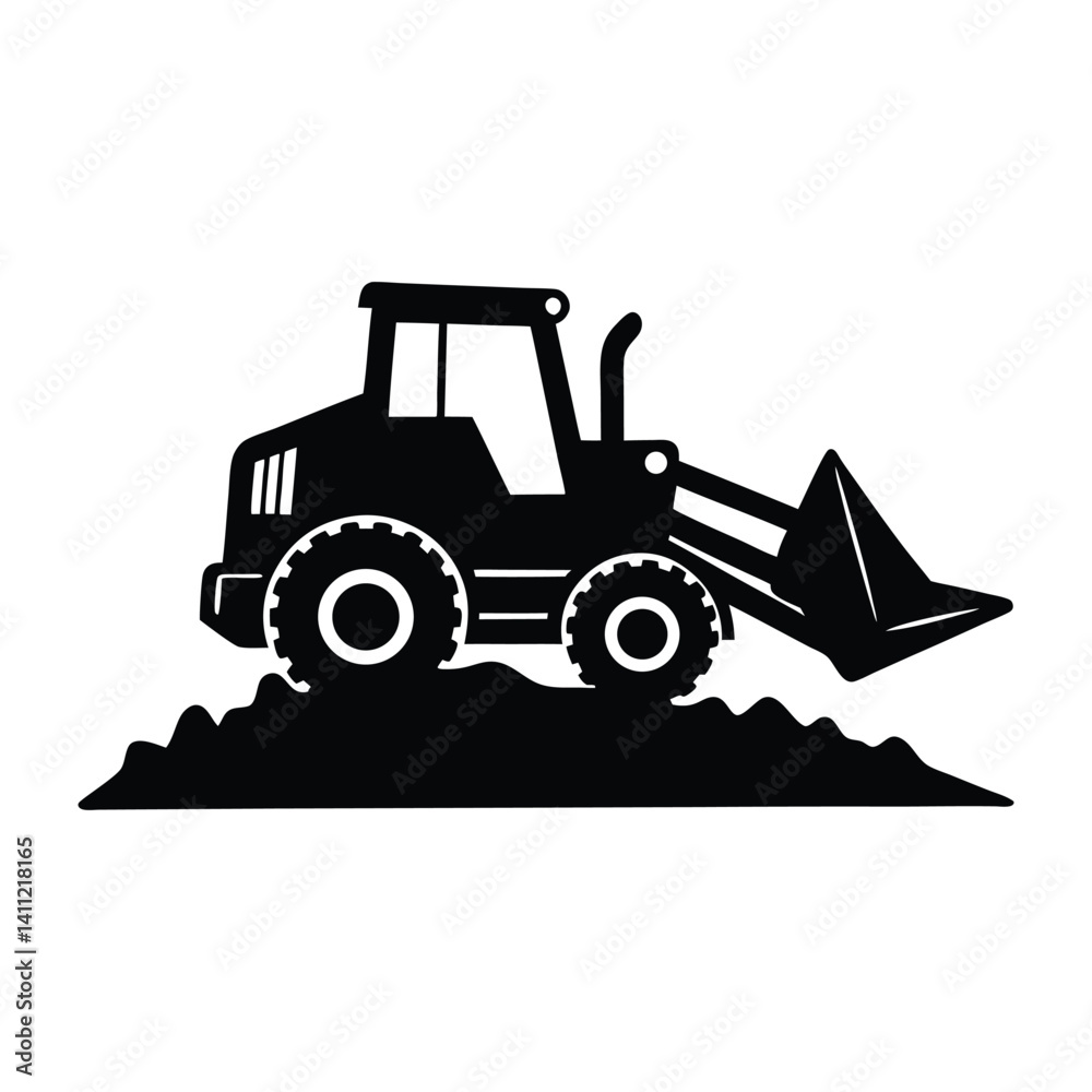 Naklejka premium Bulldozer Silhouette Linocut Style Pushing Dirt With Sharp Blade