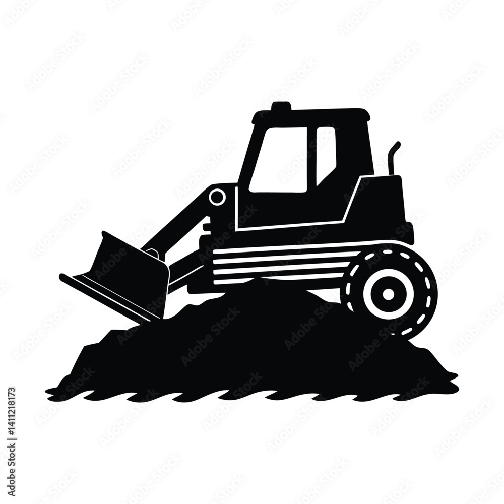 Naklejka premium Bulldozer Silhouette Linocut Style Pushing Dirt With Sharp Blade