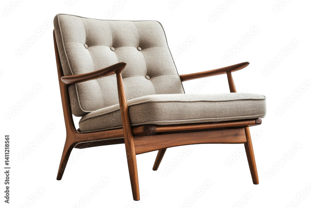 Elegant Mid Century Modern armchair beige fabric dark wood frame isolated on transparent background Elegant Mid Century Modern armchair beige fabric dark wood frame isolated on transparent background