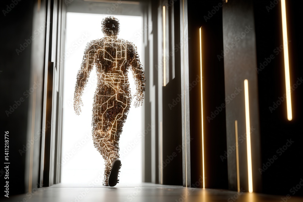 Conceptual art showing human consciousness uploaded into a digital cloud, glowing neural pathways, cybernetic body floating in a binary ocean, ethereal light.