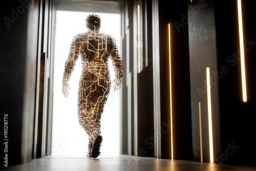 Obraz na płótnie Conceptual art showing human consciousness uploaded into a digital cloud, glowing neural pathways, cybernetic body floating in a binary ocean, ethereal light. w salonie