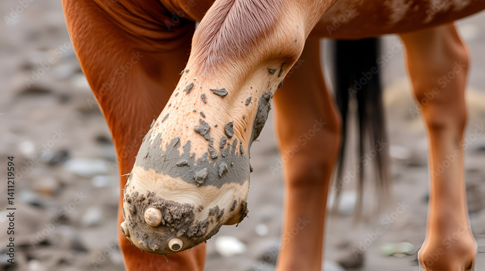 Fototapeta premium Horse with mud fever on the fetlock, skin disease, health