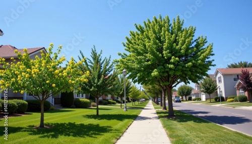 Fototapeta Naklejka Na Ścianę i Meble -  Tree lined streets provide shade for the well maintained sidewalks, making it a pleasant and inviting environment for residents to take leisurely walks and meet their neighbors.