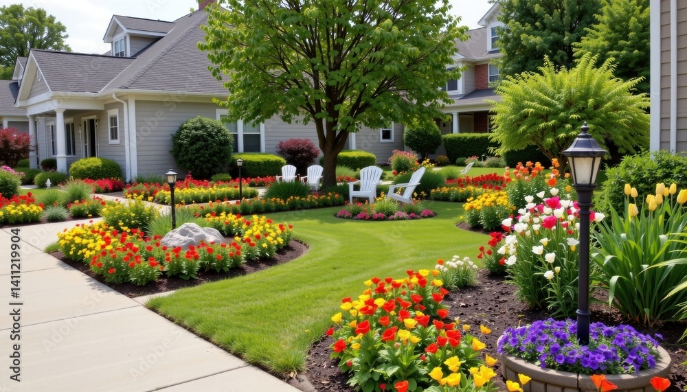 Fototapeta premium Residents take pride in their well manicured gardens and vibrant flower beds, enhancing the charm and beauty of the area while promoting a sense of community pride and connection among neighbors.