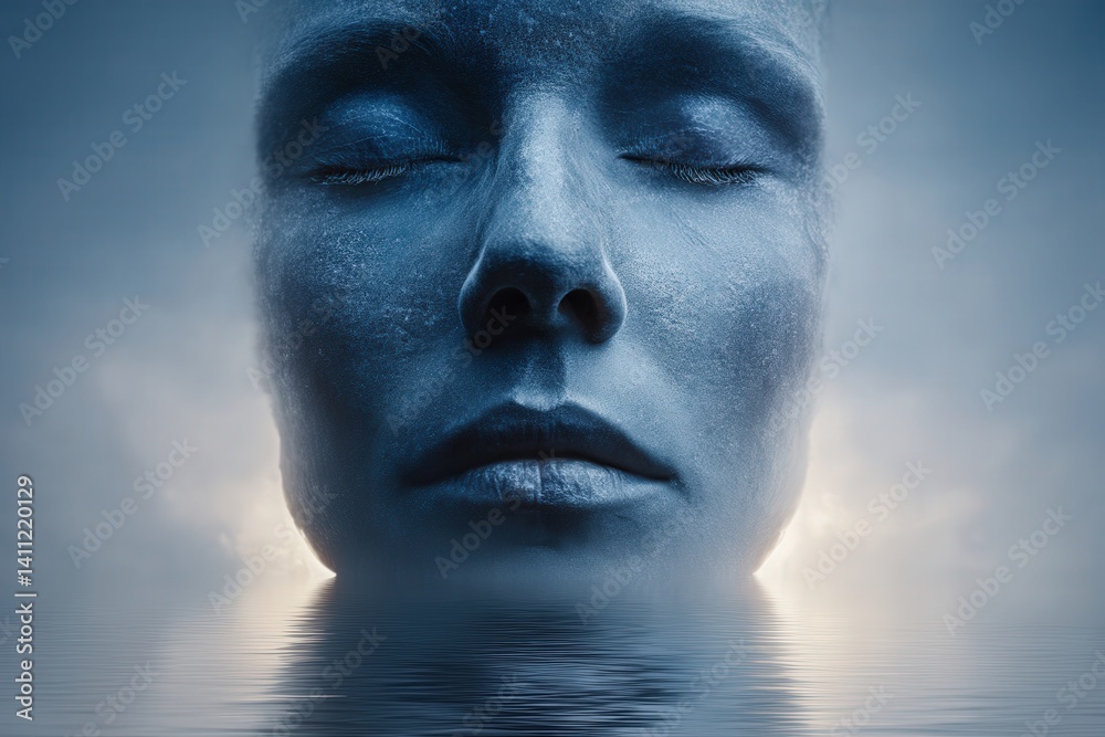 Conceptual art showing human consciousness uploaded into a digital cloud, glowing neural pathways, cybernetic body floating in a binary ocean, ethereal light.