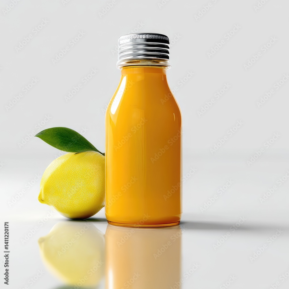 Small glass bottle of lemon juice, next to a lemon. Small glass bottle of lemon juice, next to a lemon.