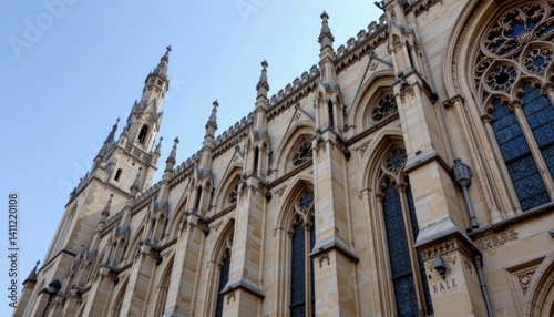 Elaborate flying buttresses supporting the exterior walls of the cathedral, featuring intricate stone carvings and delicate tracery windows.