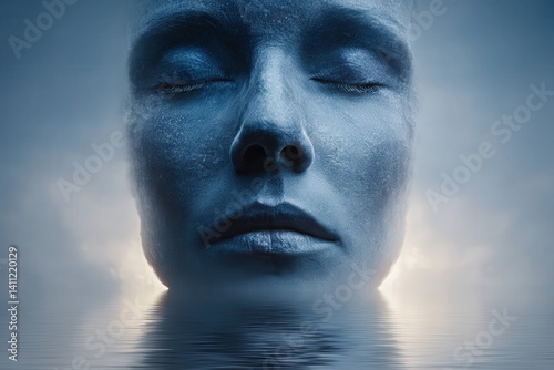 Conceptual art showing human consciousness uploaded into a digital cloud, glowing neural pathways, cybernetic body floating in a binary ocean, ethereal light.