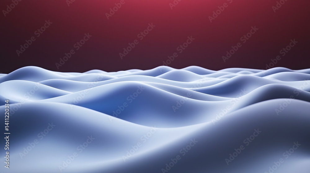 Fototapeta premium The image contains a rendering of a smooth, undulating surface of light blue, resembling soft waves or hills, set against a dark maroon background.