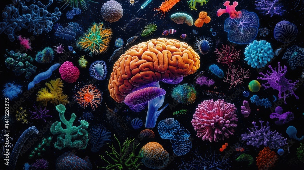 Obraz premium biology genetics adaptation concept. Vibrant illustration of a brain surrounded by various microorganisms and coral-like structures.
